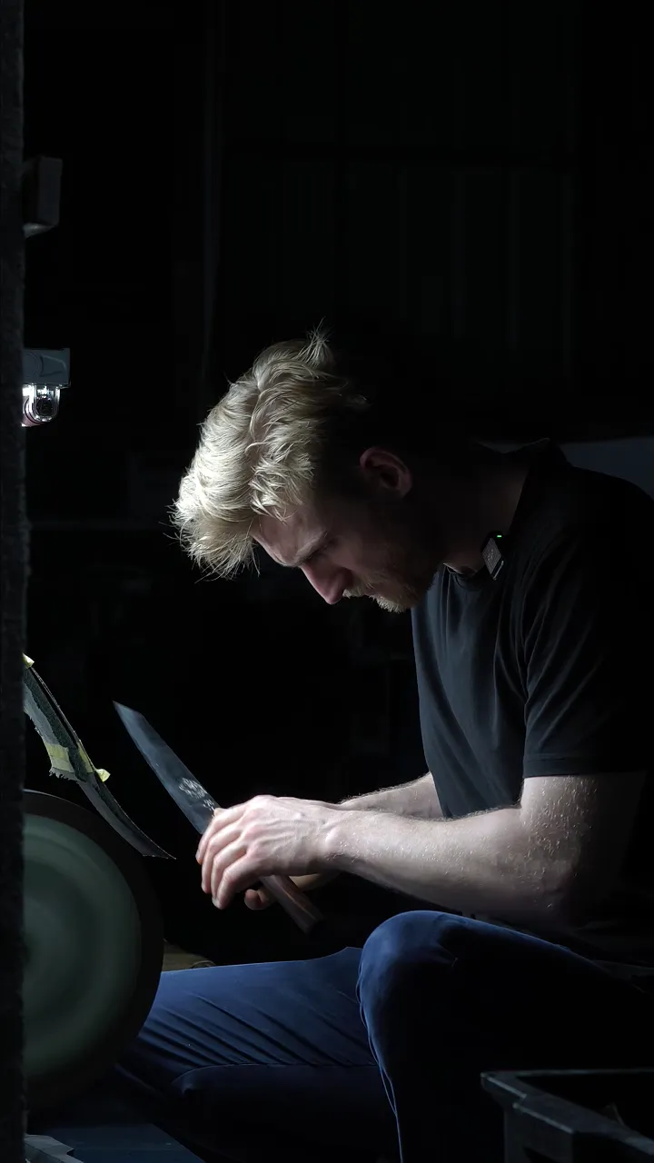 Jacob grinding a blade at the wheel